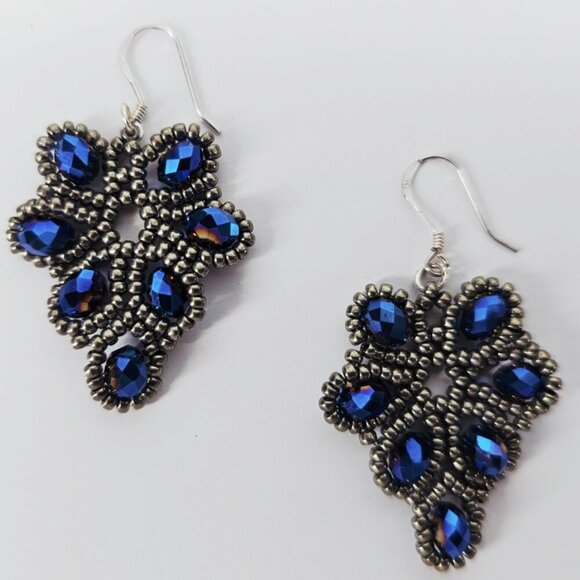 Sterling Silver .925 Electric Blue Beaded Drop French Wire Earrings - Picture 2 of 5